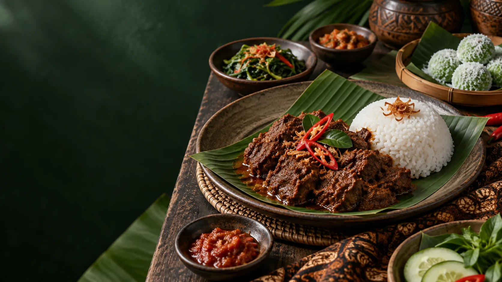 Hidangan rendang dan rempah-rempah Indonesia